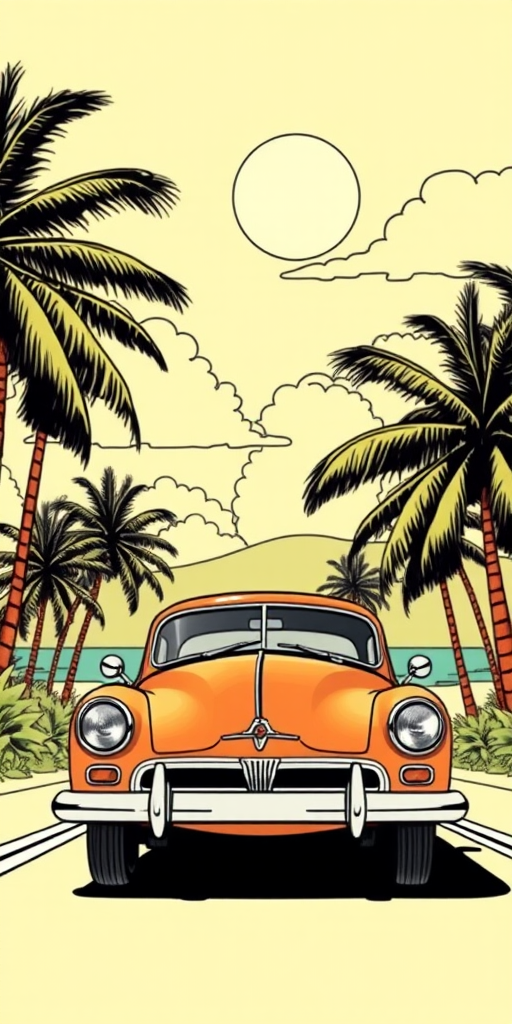 vintage car illustration with a tropical background, sunny sky, detailed line art, 50mm lens, f/5.6 aperture, ISO 100, bright daylight, landscape orientation, high-resolution digital art