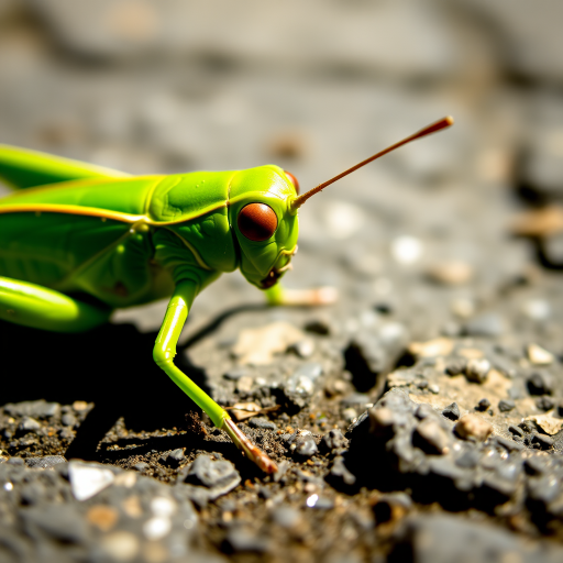 close-up of a green grasshopper on textured pavement with shallow depth of field, 50mm lens, f/2.8 aperture, ISO 200, natural light, macro photography, DSLR camera