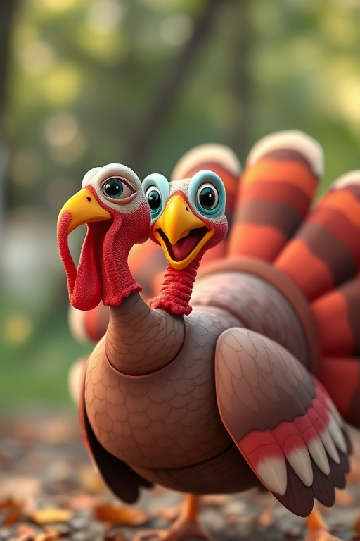 Create a cartoon-style image of a happy turkey with vibrant colors, high resolution, f/2.8 aperture, 35mm lens, shot from a low angle to emphasize its feathers, using a digital camera.