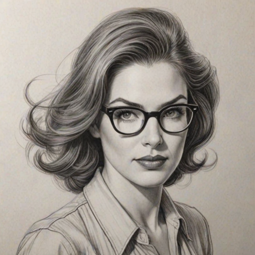 Bewitching Sandy Bullock, pencil sketch, portrait of Captivating woman 1937s in glasses, hair style beatnik, outline, clear lines, fine lines, 8k