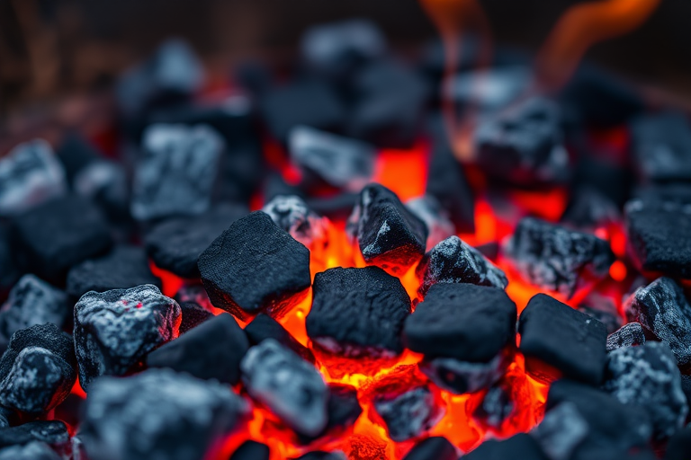 Close-up of glowing charcoal embers in a fire pit, captured with a DSLR camera, 50mm lens, f/2.8 aperture, ISO 400, natural lighting, focus on the texture of the charcoal and flames.