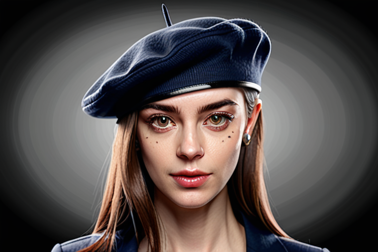 Stylish Portrait of a Young Woman Wearing a Navy Beret and Elegant Outfit