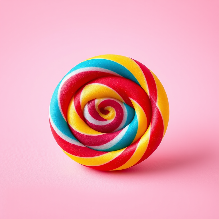 Create a vibrant and detailed illustration of a colorful spiral lollipop on a plain background, using a Canon EOS R5 camera with a 50mm lens, aperture set to f/2.8, ISO 100, and a soft focus effect to enhance the sweetness and texture of the candy.