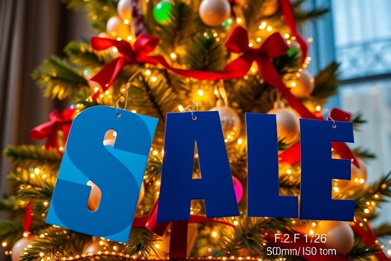 Create a festive digital illustration of a shimmering Christmas tree adorned with colorful lights and ribbons, featuring large bold blue sale tags prominently in the foreground, captured with a DSLR camera at f/2.8, 50mm lens, ISO 100, in a low-light setting to enhance the twinkling effect and add depth to the background.