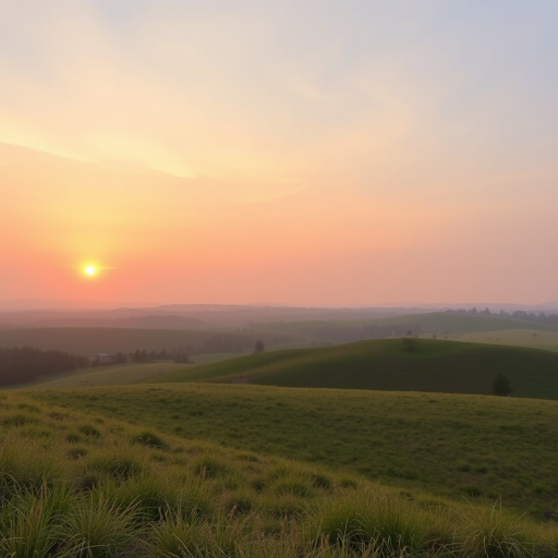 Create a high-resolution image of a serene landscape at sunrise with soft pastel colors, using a Canon EOS R5 camera with a 24-70mm f/2.8 lens, aperture set to f/8, ISO 100, shutter speed 1/125s, in a wide-angle view for enhanced depth and clarity.
