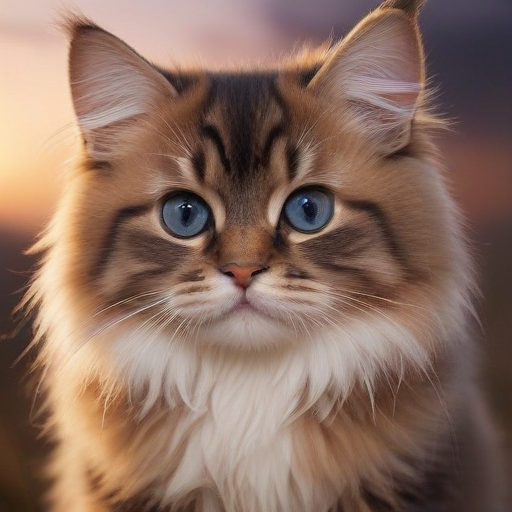 A Majestic Fluffy Cat with Striking Blue Eyes Against a Sunset Sky.
