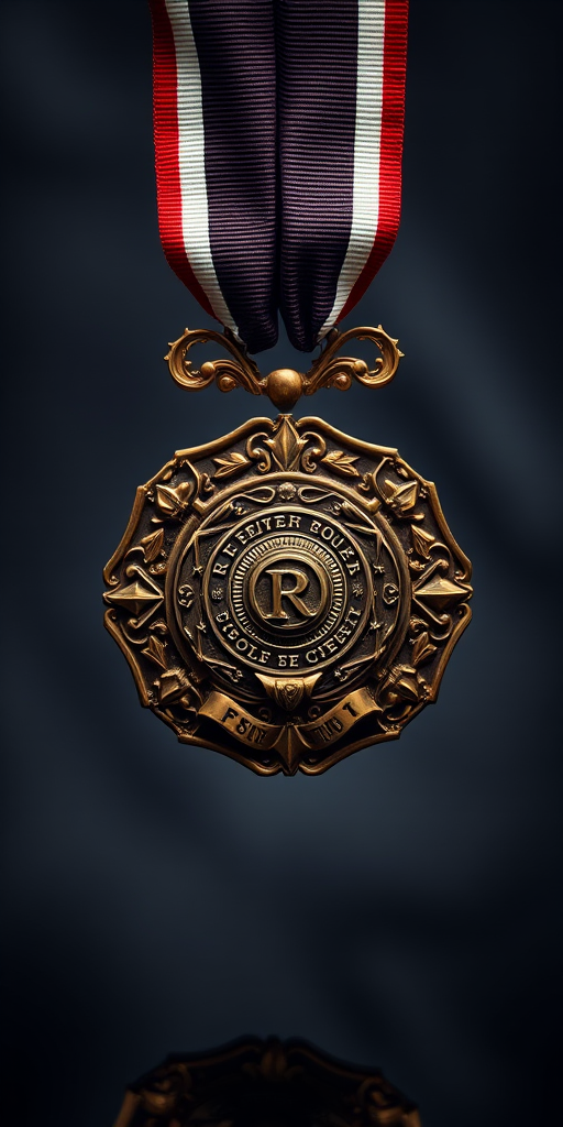 Regenerate an image of an ornate medal with an intricate design featuring a central emblem and a ribbon, using a DSLR camera at f/2.8 aperture, ISO 100, 50mm lens, in a studio setup with softbox lighting for even illumination and a blurred background.