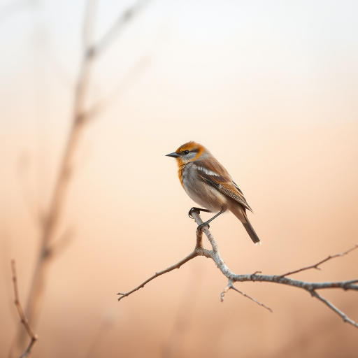 Regenerate a high-quality image of a bird perched on a bare branch in a natural landscape, using a Canon EOS 5D Mark IV with a 50mm lens, aperture f/2.8, ISO 100, shutter speed 1/200s, shallow depth of field for a soft background focus.