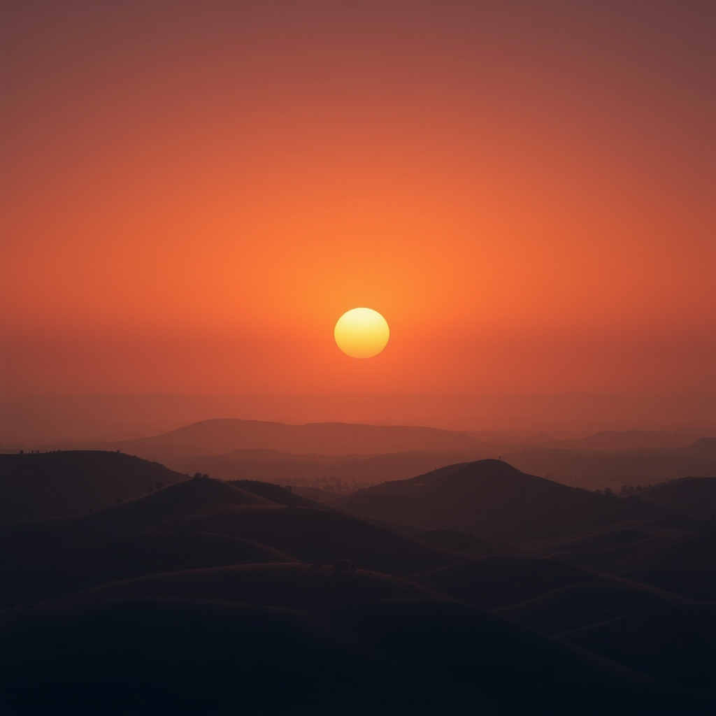 create a smooth gradient landscape at sunset with rounded hills and a large sun in warm earthy tones, shot with a Canon EOS R5 at f/8, 1/60s, ISO 200, wide-angle lens, top-down view, soft focus for a vintage aesthetic