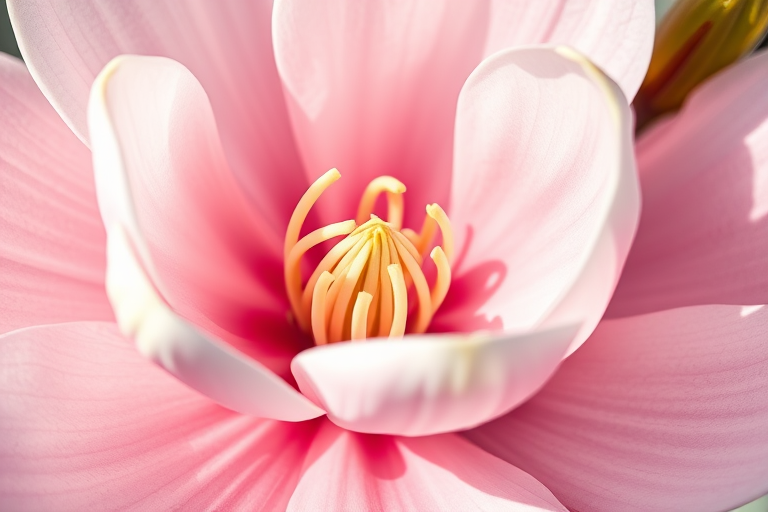 Create a high-resolution illustration of a magnolia flower with intricate details, using a DSLR camera setting of f/2.8 aperture, ISO 100, 50mm lens, in macro view, employing a natural light style to enhance color vibrancy and texture.
