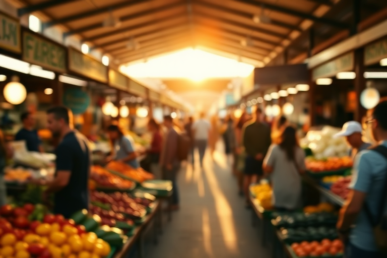 Blurry candid shot of a busy farmers' market at sunrise, soft light illuminating the colorful stalls of fresh produce, with vendors and customers moving about in a blur of motion.