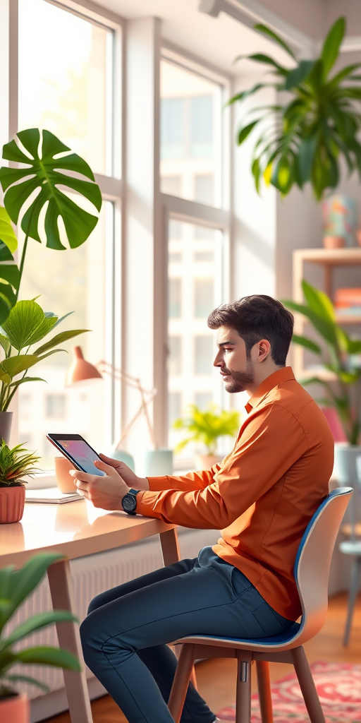 Create an illustration of a young man sitting at a modern desk in a bright, stylish room, using a tablet, with large windows letting in natural light, surrounded by indoor plants and colorful decor, shot with a Canon EOS R5, f/2.8 aperture, 50mm lens, soft focus background, vibrant colors.