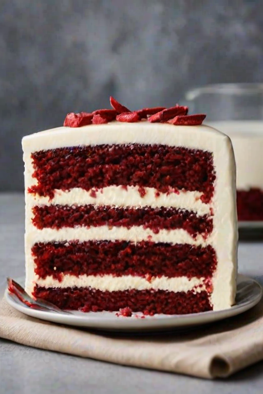 Generate an image of a slice of red velvet cake with cream cheese frosting. The cake should be moist and fluffy, showcasing its vibrant red color and layered structure. The background should be simple and clean to emphasize the cake.