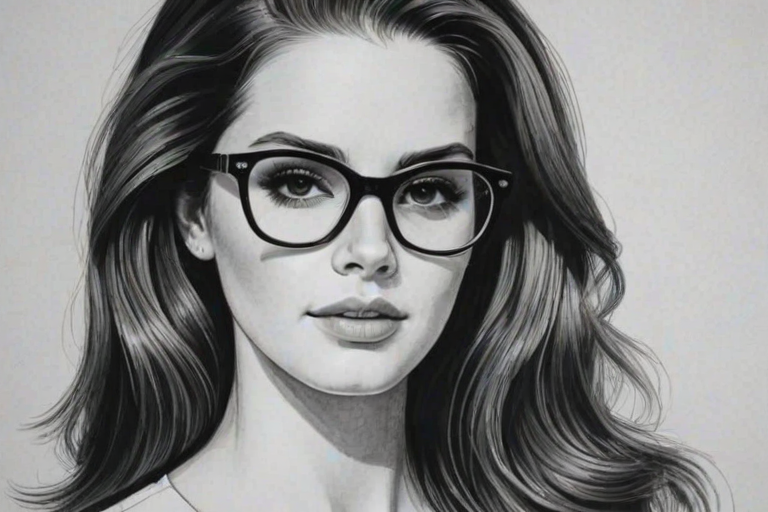 Bewitching Lana Del Rey, pencil sketch, portrait of Wonderful woman 1969s in glasses, hair style beatnik, outline, clear lines, fine lines, 8k
