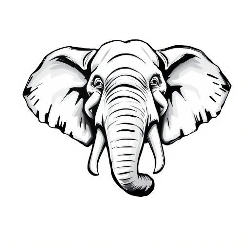 Abstract black and white acrylic portrait of an over exaggerated laughing (elephant). Minimalism style. White background.