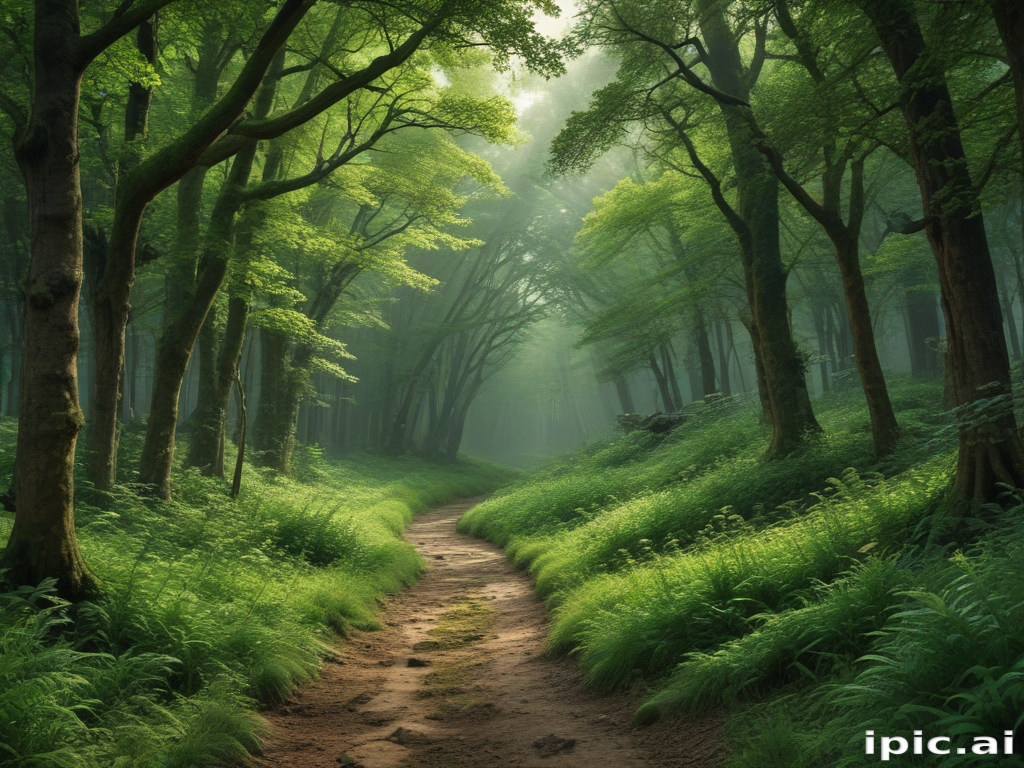 A Tranquil Path Through a Lush Green Forest on a Misty Morning