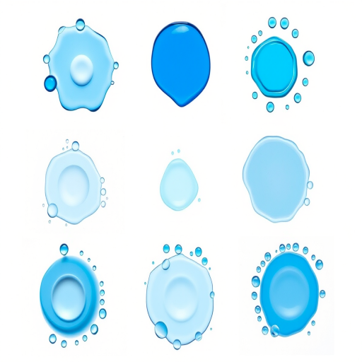 Regenerate an image featuring six distinct water droplet designs in shades of blue, arranged creatively with a clean background, captured using a DSLR camera, 50mm lens, f/2.8 aperture, ISO 100, 1/200s shutter speed, top-down view, soft natural lighting.