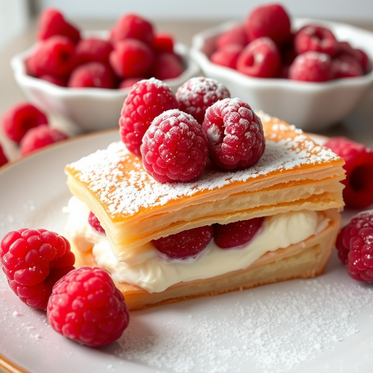A delicious slice of layered pastry with creamy filling topped with fresh raspberries on a plate with a light dusting of powdered sugar and a bowl of raspberries in the background.