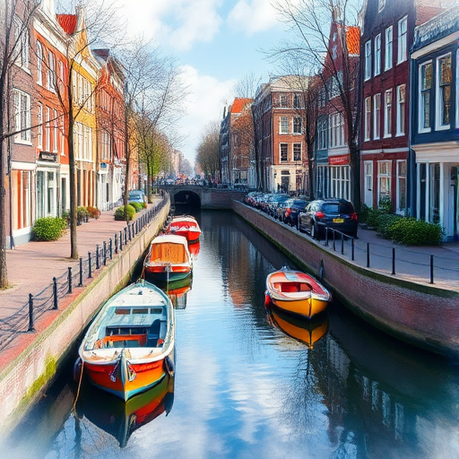Create a vibrant watercolor scene depicting a canal in Amsterdam with colorful boats and charming buildings along the waterway, using a Canon EOS 5D Mark IV, 50mm lens, f/8 aperture, ISO 100, and shooting in natural light to enhance detail and color.