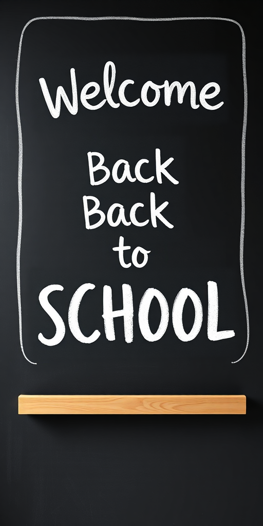 Create an illustration of a blackboard with the text "Welcome Back to SCHOOL" written in playful white letters, using a high-resolution digital camera with a 50mm lens at f/2.8 for shallow depth of field, shot from a frontal view to emphasize the chalkboard, and use natural lighting to enhance clarity and contrast.