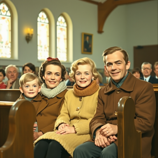 In the style of Norman Rockwell, a 1953 young family, looking pleasantly content is sitting in church, wearing cold weather clothing in autumn colors