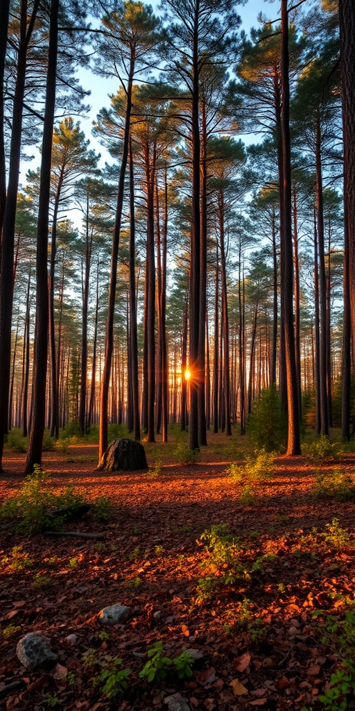 Generate a high-resolution image of a serene forest landscape during golden hour with vibrant colors, using a DSLR camera with a 50mm lens at f/1.8, ISO 200, and a shutter speed of 1/125 sec, capturing a wide-angle view for enhanced depth and detail.