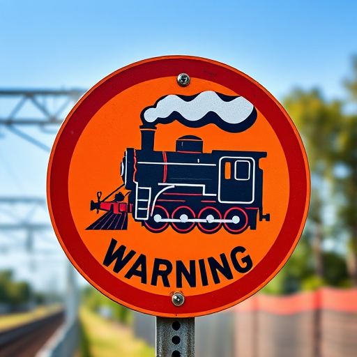 Create a high-resolution image of a train warning sign featuring a stylized steam locomotive, using a Canon EOS 5D Mark IV, aperture f/2.8, ISO 100, 50mm lens, in natural daylight to enhance clarity and contrast.