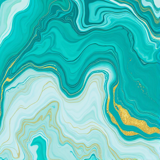 Generate a high-resolution abstract image of swirling teal, white, and gold marbled patterns with a focus on fluid dynamics, captured with a DSLR camera at f/2.8, ISO 100, 50mm lens, natural light, top-down view.