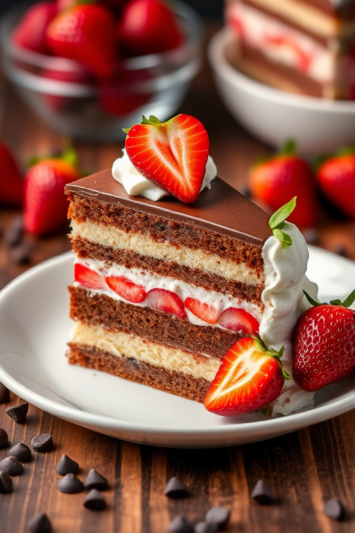 A slice of multi-layered cake on a white plate with chocolate, strawberry, and vanilla layers garnished with whipped cream and fresh strawberries on the side. The background includes a bowl of strawberries and chocolate chips scattered around.
