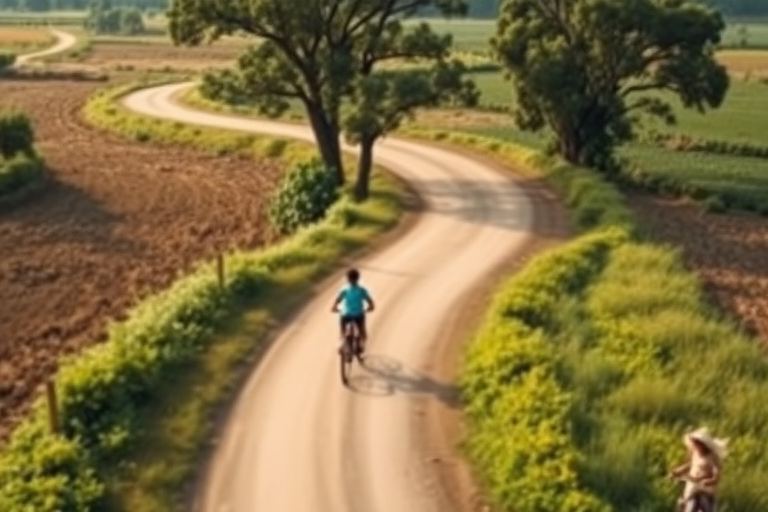 A serene rural landscape featuring a winding dirt road with two children riding bicycles, surrounded by lush greenery and trees, taken from a high angle with a Canon EOS 5D Mark IV, f/4 aperture, ISO 200, 50mm lens, soft focus background to enhance depth of field.