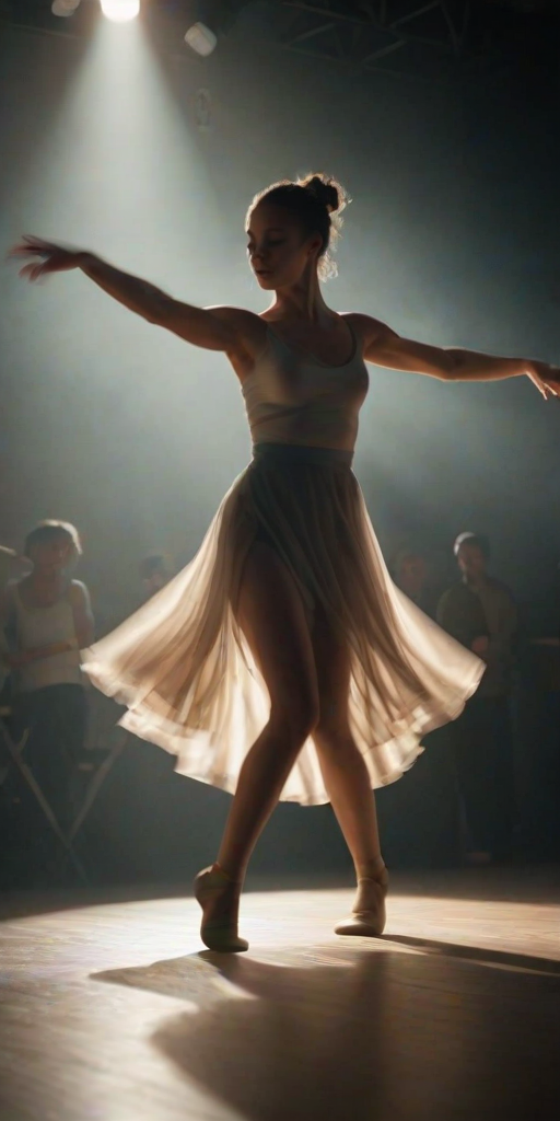 Blurry action shot of a dancer spinning on stage, their body a blur of motion, soft spotlight illuminating their form, the crowd watching in silence, the sound of soft music playing in the background, shadows cast on the floor from the stage lights.