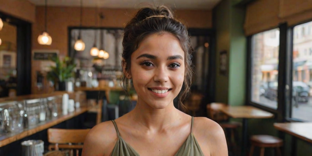 The image is a photograph of a young woman with a light olive skin tone and dark hair slightly messy updo. Her eyes are piercing,   wearing a formfitting dress Standing in a cafe. looking a the viewer, smile