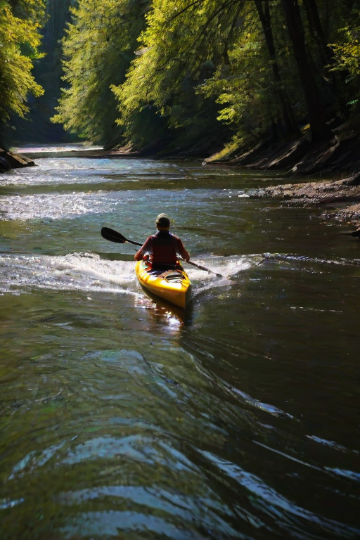 Sharp, high-contrast photo of a kayaker paddling through a narrow river, sunlight filtering through the trees overhead, soft ripples in the water from the paddle strokes, distant birds flying overhead, shadows from the trees dancing on the water's surface.
