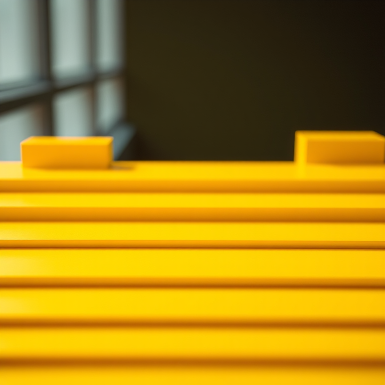 Create a high-resolution image of yellow geometric shapes arranged in layers, using a DSLR camera with a 50mm lens, aperture f/2.8, ISO 100, and a slight tilt-shift effect for depth, with soft lighting to enhance shadows and highlights.