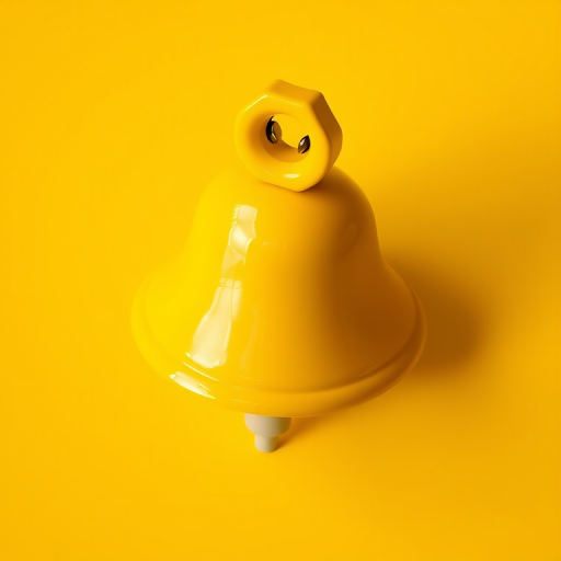 Create a high-resolution image of a yellow bell with a smooth, glossy finish, using a DSLR camera at f/2.8 aperture, ISO 100, 50mm focal length, taken from a slight overhead angle with soft lighting to enhance reflections and shadows.