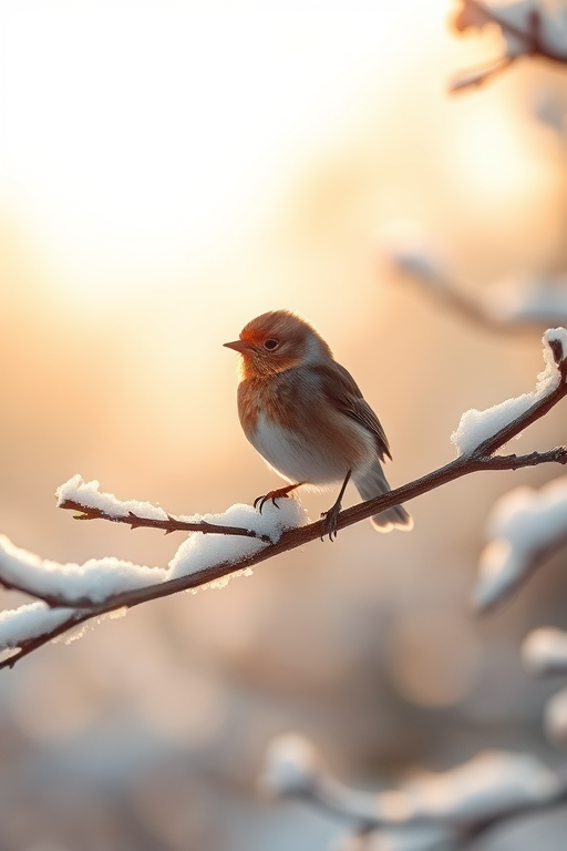 A small bird perched on a snow-covered branch in a soft winter landscape, with a warm sunlight glow in the background, captured with a DSLR camera at f/2.8, ISO 100, 1/500s, using a 50mm lens for a shallow depth of field and soft bokeh effect.