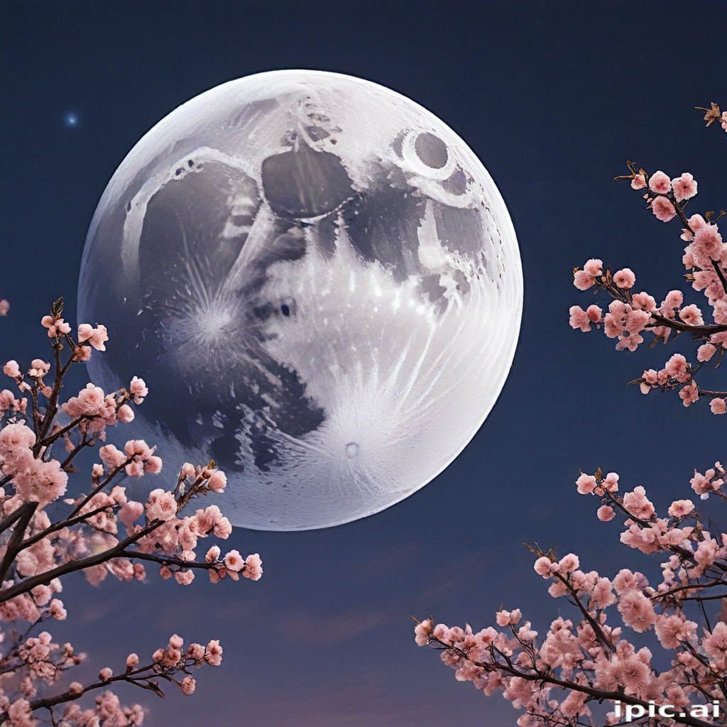 Enchanting Night Sky: A Full Moon Illuminates Cherry Blossom Trees