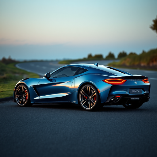 Generate an image of a luxury sports car parked on the side of a road during what appears to be dawn or dusk, given the soft light and shadows. The car should have a sleek design with aerodynamic features, a low-profile stance, and large, alloy wheels. It should display a contemporary color scheme, possibly a unique shade of blue that matches well with the ambient light in the setting. The vehicle's bodywork should gleam, reflecting the surrounding environment, and it should have distinctive lighting accents that enhance its sporty appearance. In the background, there should be a roadside with a grassy embankment on one side and possibly some trees or shrubbery along the edge of the pavement. The overall mood of the image should convey a sense of luxury, speed, and the tranquility of an early morning or late evening drive.