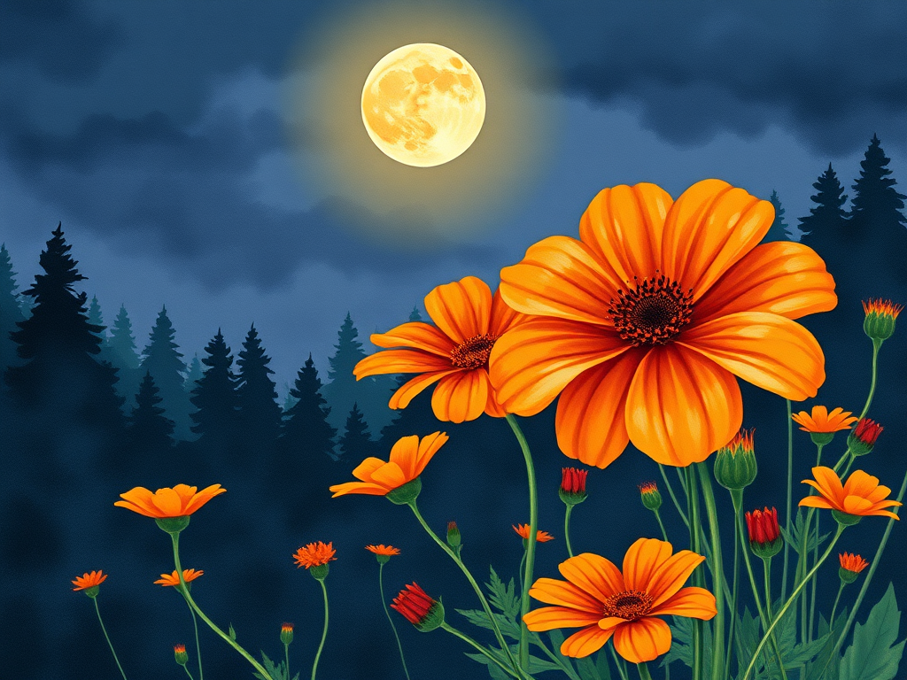 A vibrant watercolor illustration of large orange flowers in a moody landscape under a full moon, with dark forest silhouettes in the background, shot with a DSLR camera, 50mm lens, f/2.8 aperture, ISO 100, and a shallow depth of field for enhanced detail and contrast.