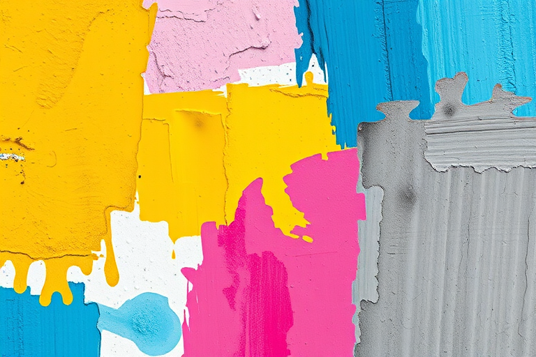 Create a vibrant abstract artwork featuring a mosaic of bold colors including yellow, pink, blue, and gray, with a textured brushstroke style, captured using a DSLR camera at f/11, ISO 200, 50mm lens, with a shallow depth of field for enhanced clarity and detail.