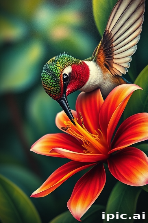 Realism color tattoo called "Nature's Palette" featuring a hyperrealistic close-up of a vibrant hummingbird feeding on a tropical flower with incredible detail and depth