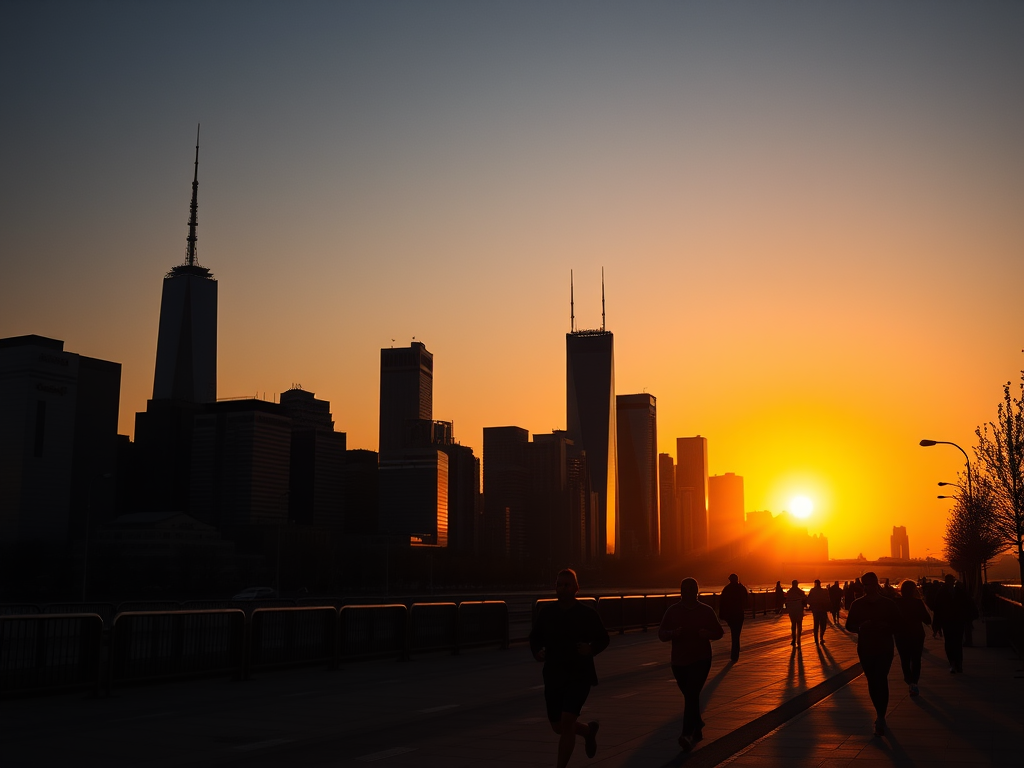 silhouette of a city skyline at sunset with people walking and jogging, vibrant orange sun in the background, shot with a Canon EOS R5, aperture f/5.6, ISO 100, 24mm lens, wide-angle view, high dynamic range imaging