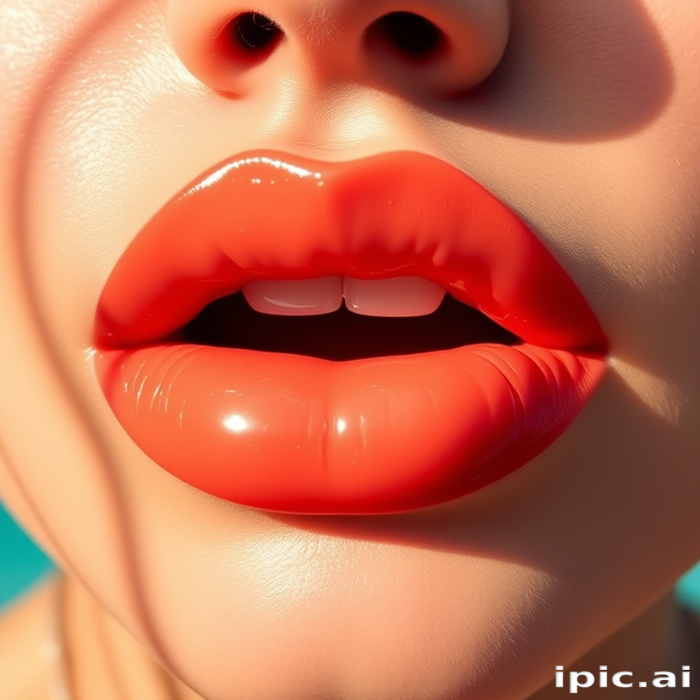 Luscious "Coral Sunrise" lips featuring a glossy peach-tinted hue, perfectly hydrated and subtly lined, capturing the essence of a tropical paradise