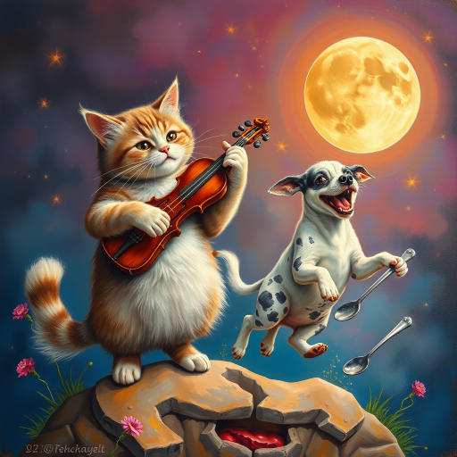 A whimsical hyper vibrant, hyper realistic and hyper detailed image of a cat and a fiddle, a cow jumping over a moon , a laughing dog, and a dish running away with a spoon, oil painting and airbrush