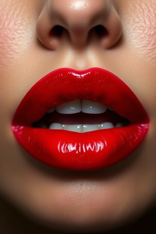 Sultry ombre lips transition from deep crimson to bright scarlet, creating a gradient effect that adds depth and dimension to the mouth