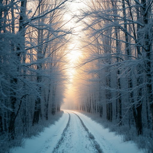 create an image of a snowy forest with frost-covered trees in a mesmerizing pathway, using a DSLR camera with a wide-angle lens at f/8 aperture, ISO 200, 1/250 sec shutter speed, golden hour lighting, and a soft-focus style to enhance the ethereal quality