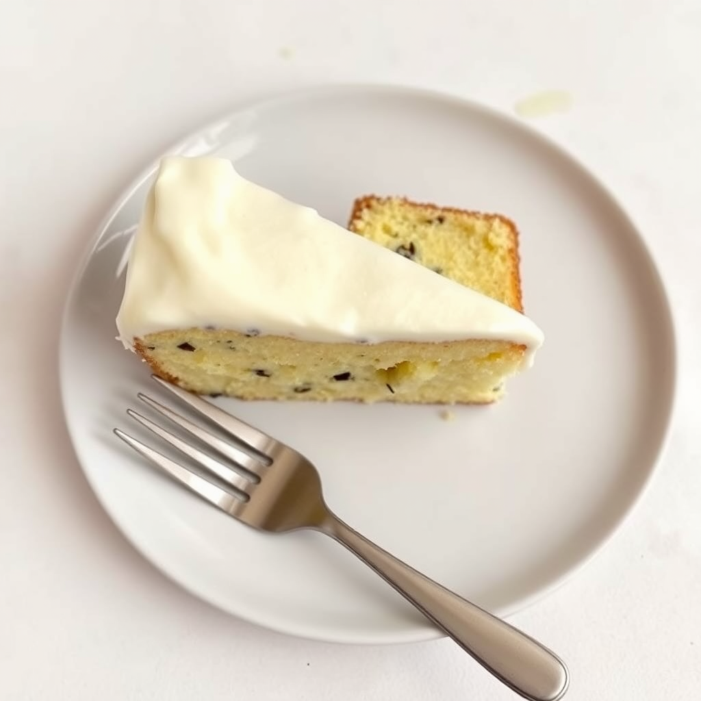 A slice of moist vanilla cake with poppy seeds topped with creamy white frosting served on a round white plate with a silver fork resting beside it. The background is a soft, light-colored surface that enhances the cake's texture and color.