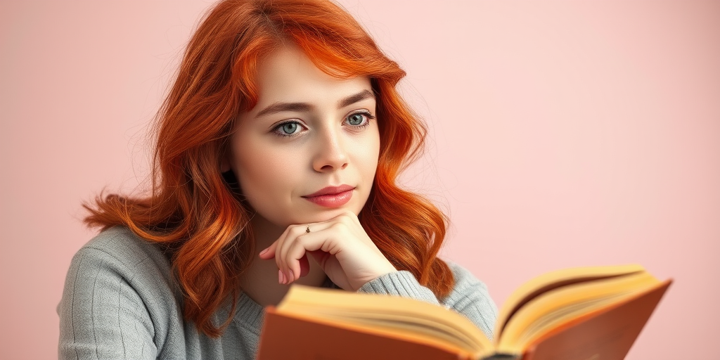 A young woman with wavy red hair, resting her chin on her hand while reading a book, soft pastel background, 50mm lens, f/1.8 aperture, natural light, portrait style, DSLR camera.