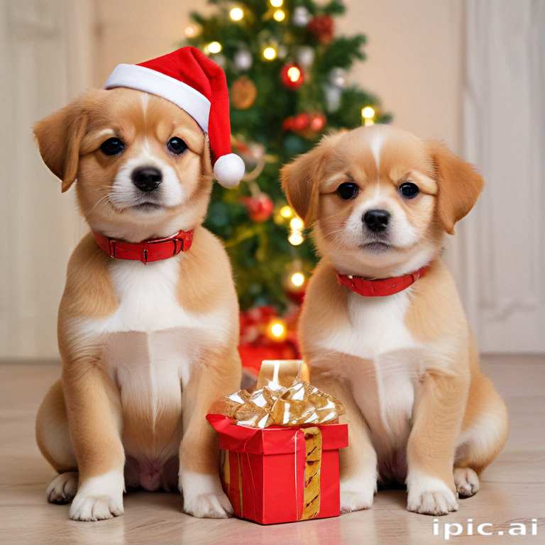 Two Adorable Puppies in Christmas Hats with a Gift Under the Tree