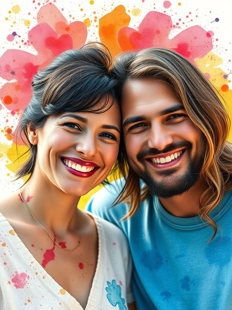 Create a high-resolution watercolor portrait of a smiling couple, featuring vibrant splashes of color in the background, shot with a Canon EOS R5, 50mm lens, f/1.8, ISO 100, in natural light for a soft focus effect.